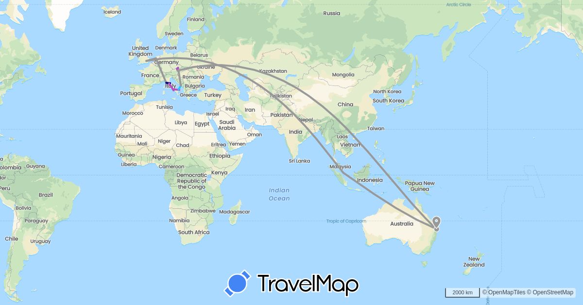 TravelMap itinerary: driving, plane, train, boat in Austria, Australia, Czech Republic, United Kingdom, Croatia, Italy, Netherlands, Singapore (Asia, Europe, Oceania)